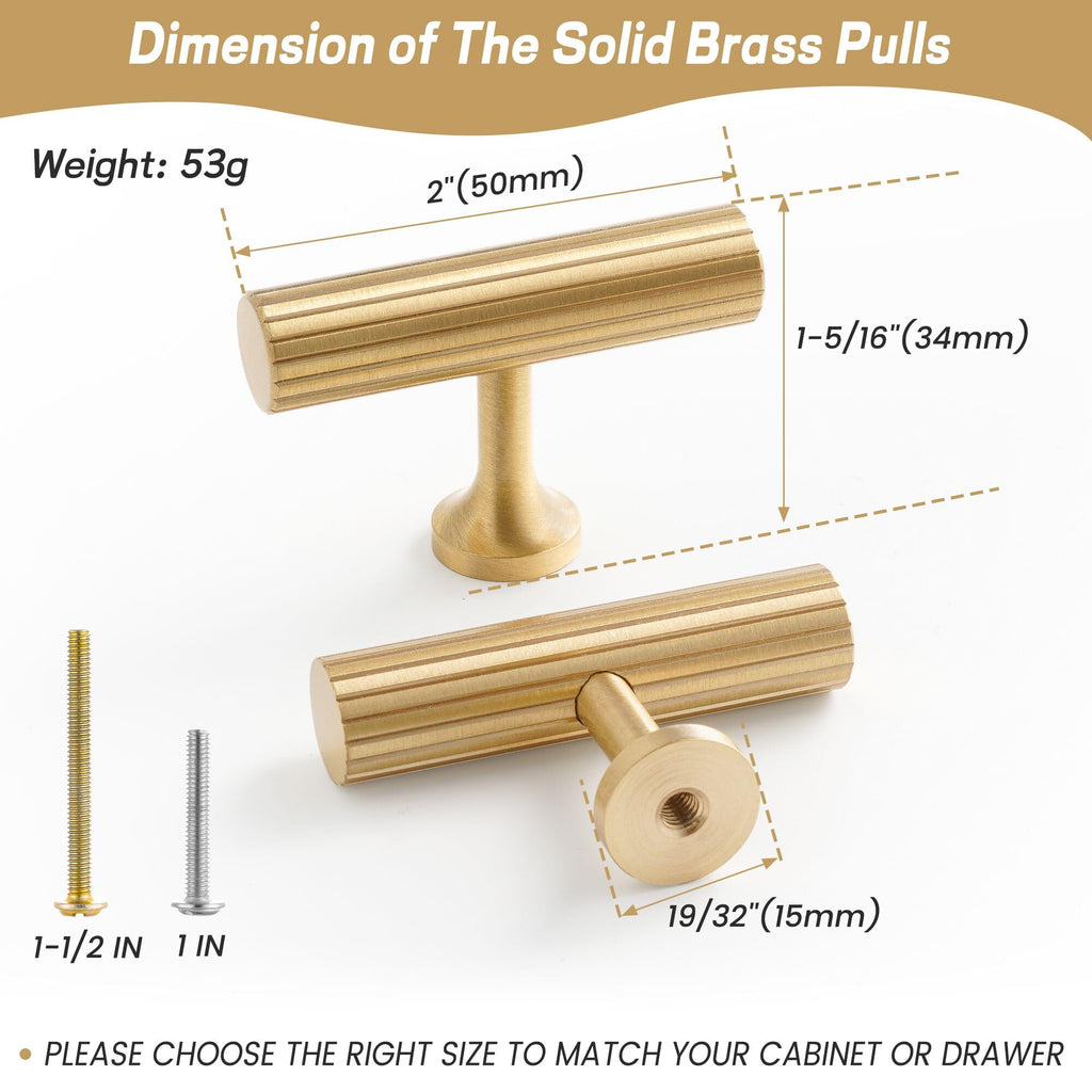 4pcs Solid Brass Gold Cabinet Pulls, Single Hole T Bar Handles, 2-Inch Total Length Cupboard Handles Modern Drawer