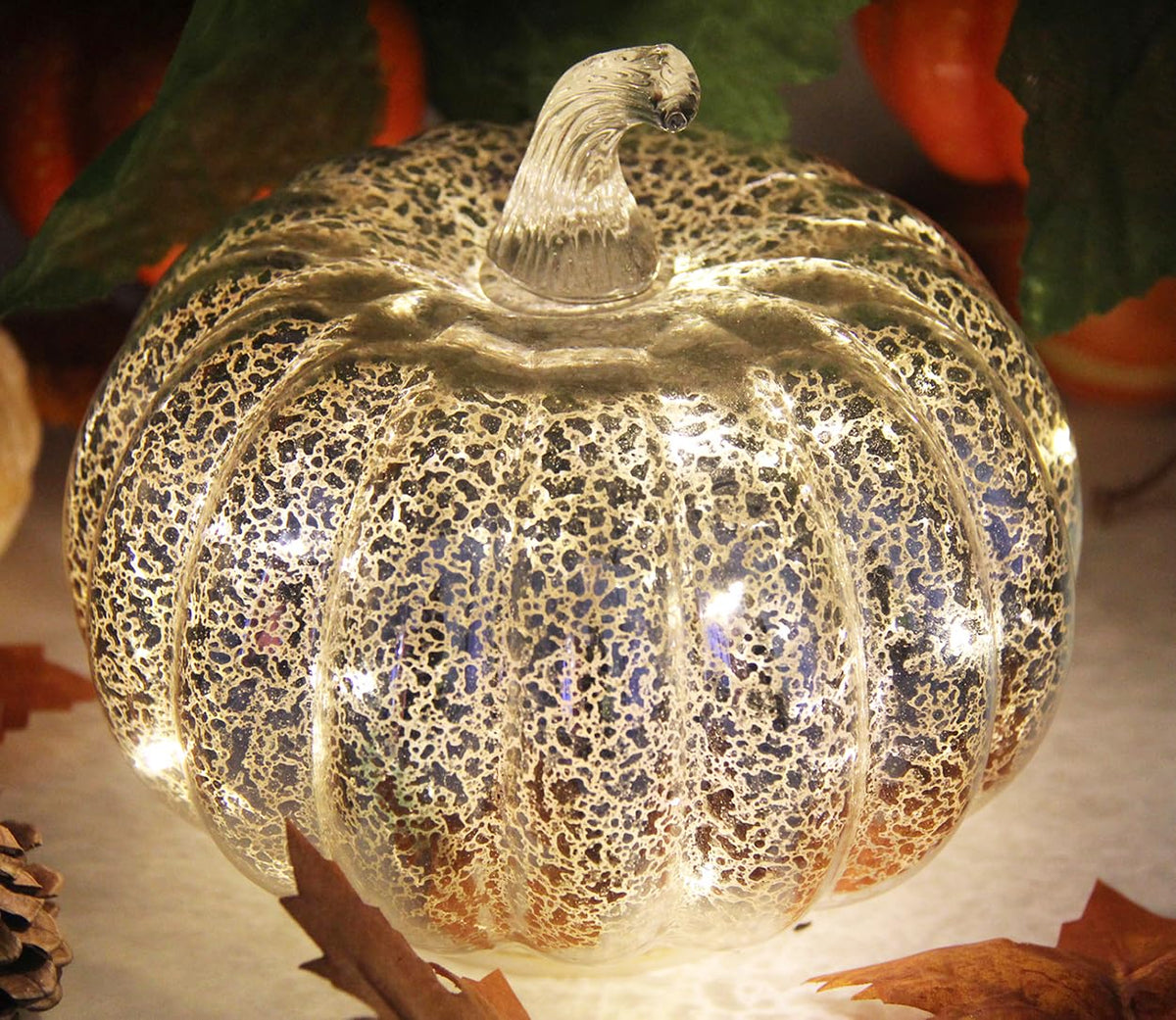 Decorations, Mercury Glass Pumpkin Lights with Timer(Silver)