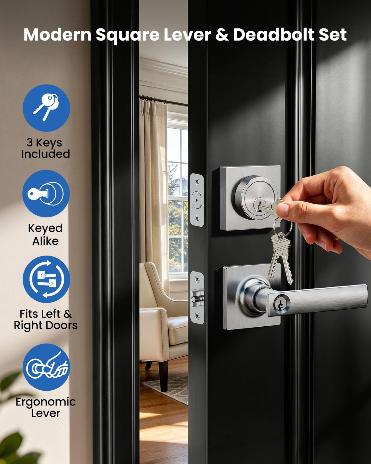 Modern Square Front Door Handle Set with Deadbolt, Satin Nickel