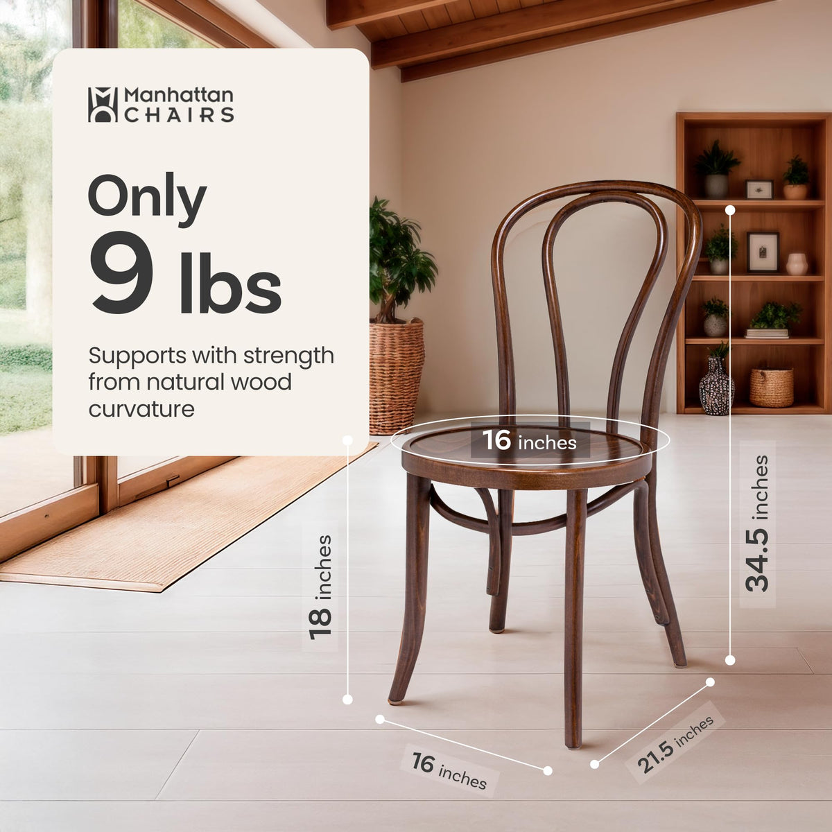 1018 Hairpin Bentwood Dining Chairs Set of 2 | Natural Handcrafted Wood Frame, Rustic Indoor Furniture | Wooden Chair
