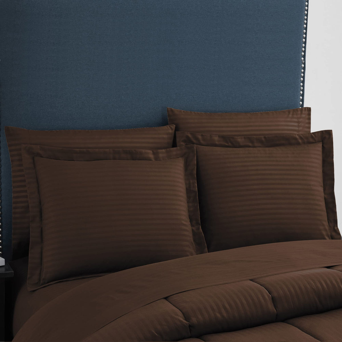 8 Piece Comforter Set Bag with Dobby Stripe Design, Bed Fitted, 1 Flat Sheet, 2 Pillowcases, 2 Shams, Chocolate