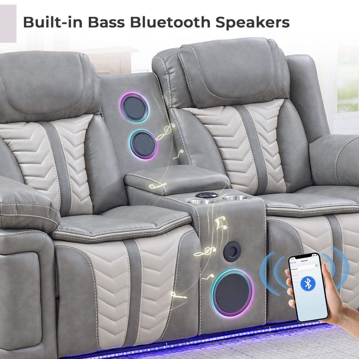 Power Electric Recliner Sofa Set with Bass Speakers, 2 Pieces Reclining Couch and Loveseat Sets with Wireless
