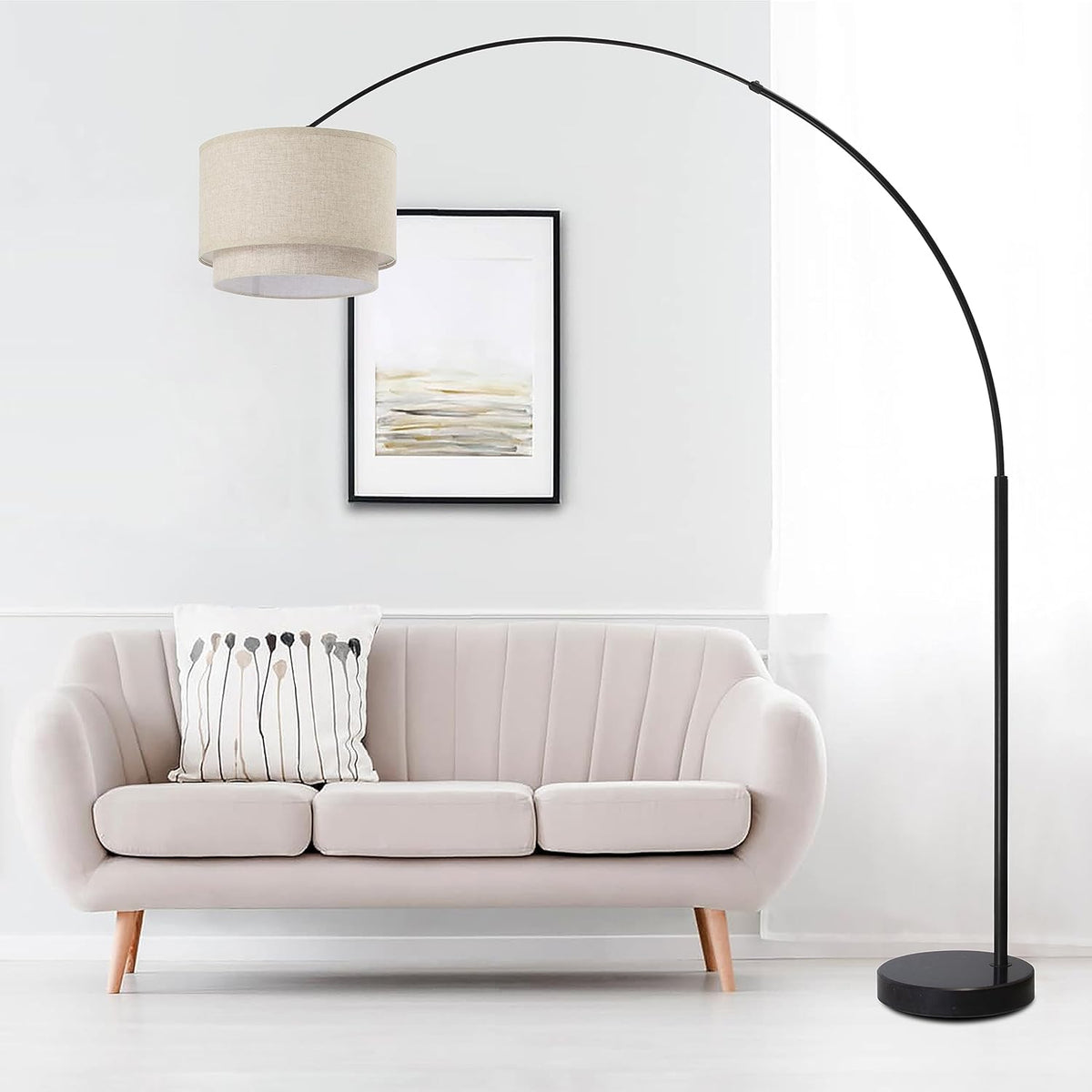 Modern Arcing Floor Lamp - Tall Stand Up Arching Drum Shade - Large Contemporary Floor Lamps and Bedrooms