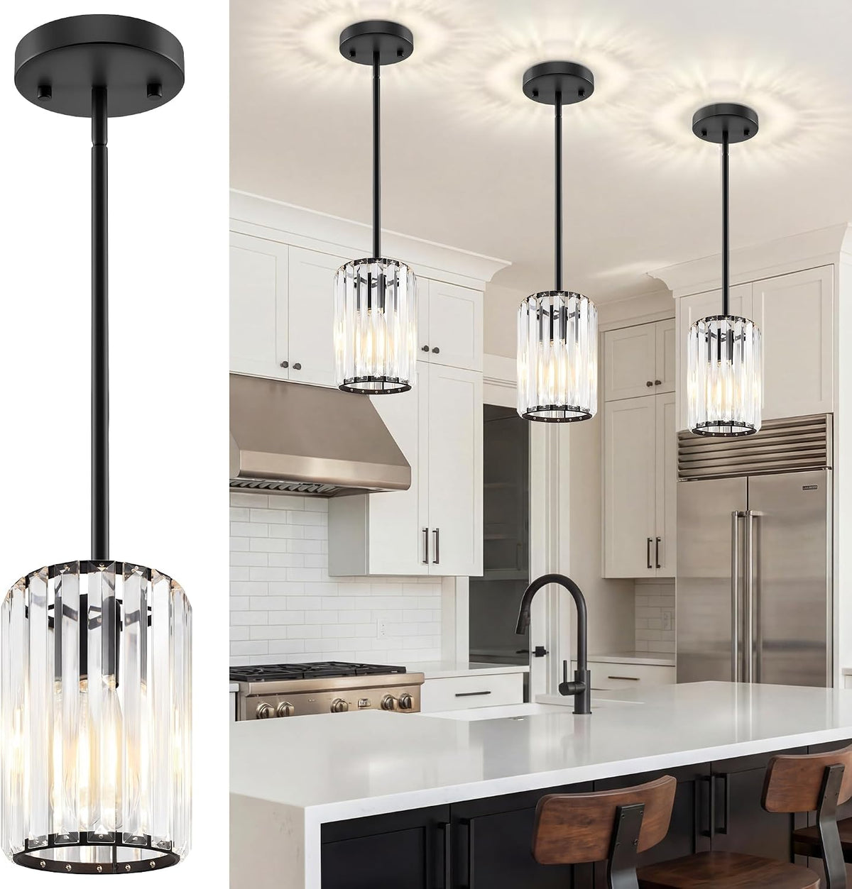 Black Pendant Light, Modern Crystal Pendant Lights Kitchen Island, Kitchen Island Lighting with Adjustable Height, UL