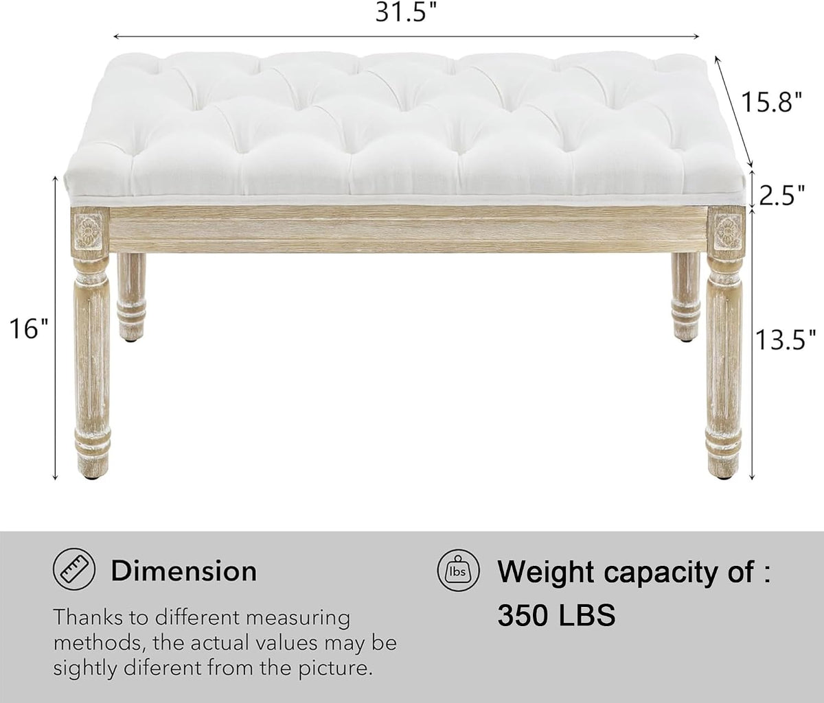 French Vintage Bench, Linen Fabric Entryway Bench, Upholstered Tufted End of Bed Bench with Brushed Wood Legs, White