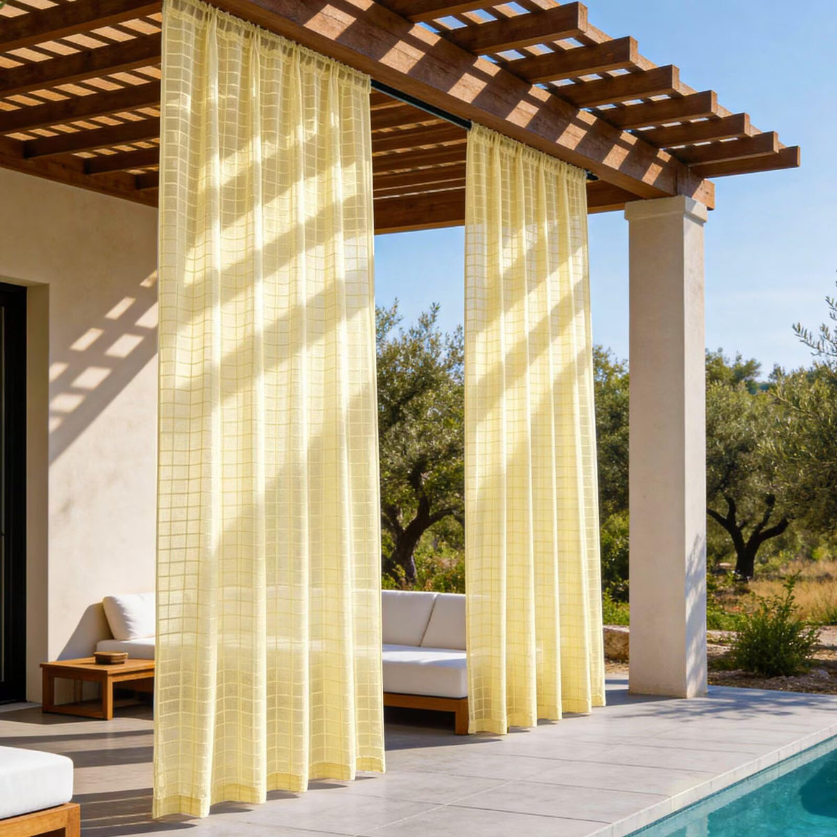 4 Panels Outdoor Sheer Curtains, Jacquard Check Curtains Waterproof, Indoor Outdoor Drapes for Gazebo Pergola