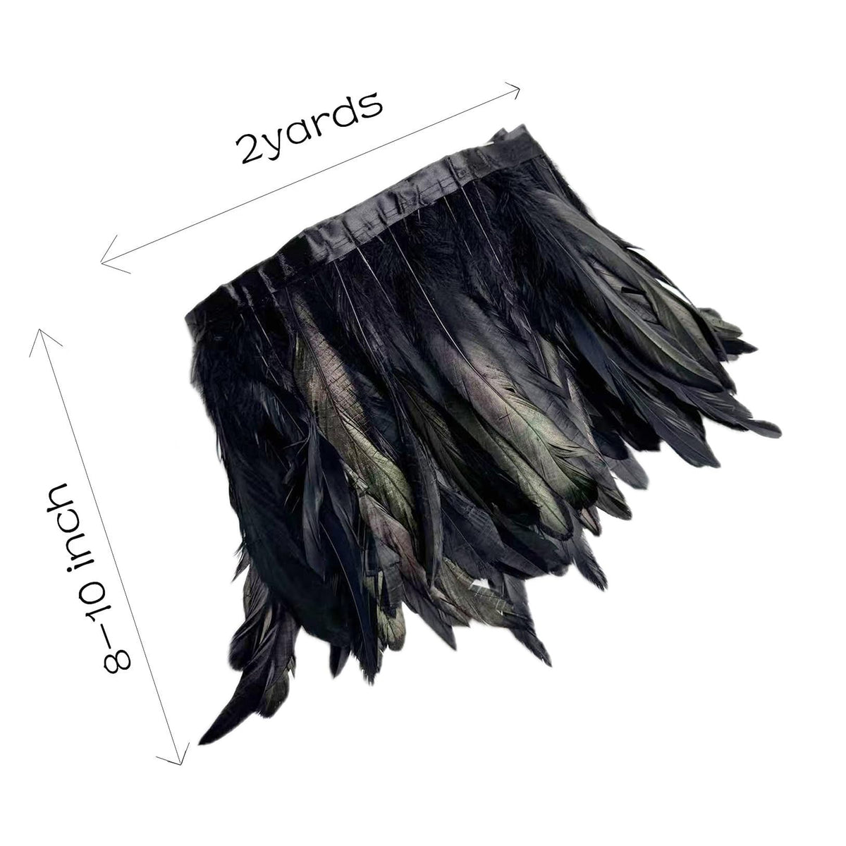 8-10" Rooster Hackle Feather Fringe Trim, Sewing Craft Feather for DIY Decorations-Black - 2 Yards