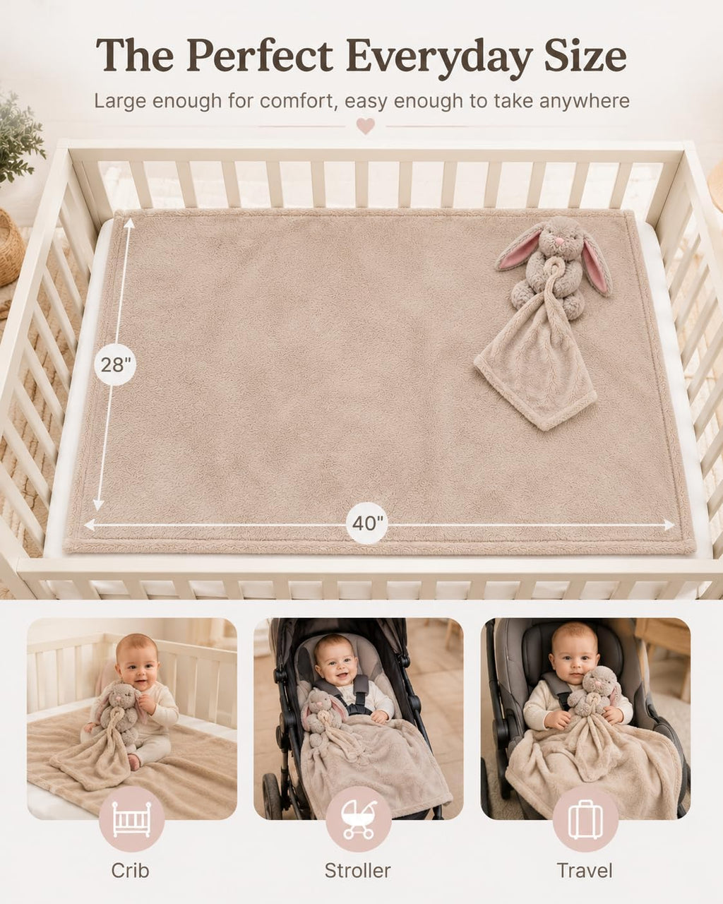 XL Baby Blanket with Stuffed Animal Bunny Lovey 40 x 28 Inch