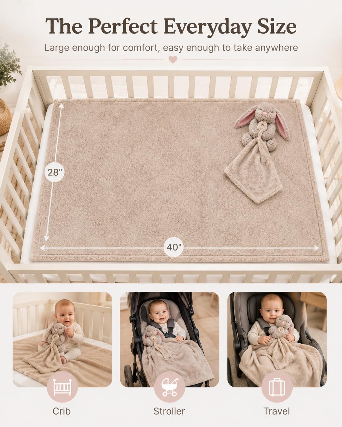 XL Baby Blanket with Stuffed Animal Bunny Lovey 40 x 28 Inch