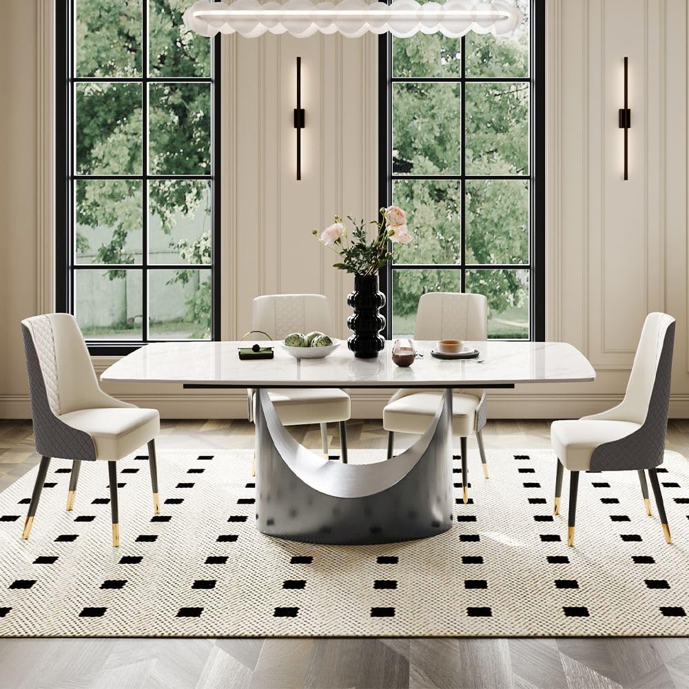 63" Modern Dining Table for 4, Glossy White Dining Room Table, Sintered Stone Tabletop with Gray Carbon Steel
