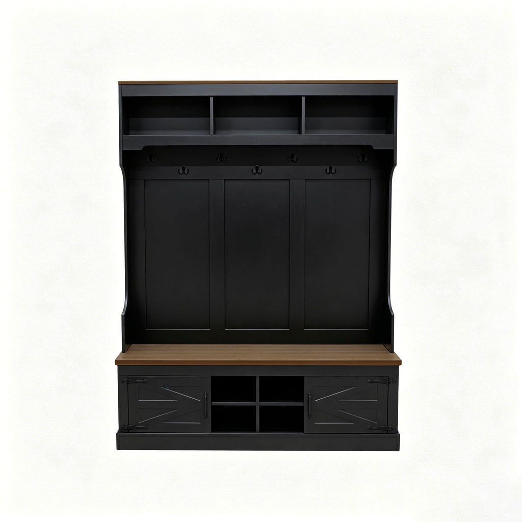 71''H Farmhouse Hall Tree with Bench and Shoe Storage, 5-in-1 Modern Entryway Storage Organizer Cabinet with Rack, 4