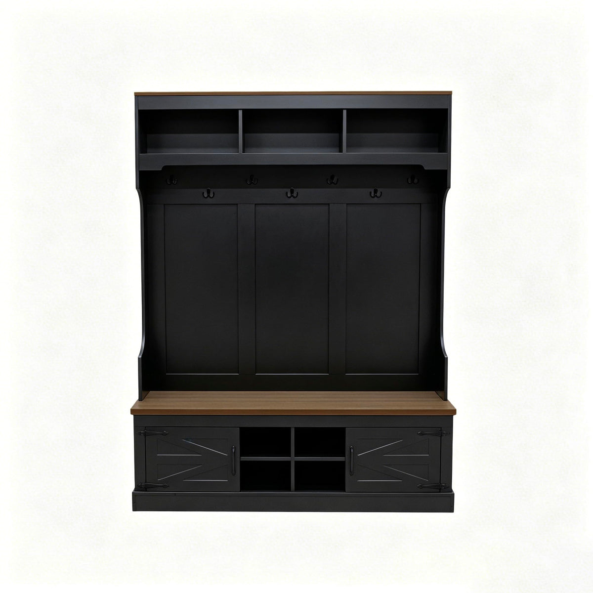 71''H Farmhouse Hall Tree with Bench and Shoe Storage, 5-in-1 Modern Entryway Storage Organizer Cabinet with Rack, 4