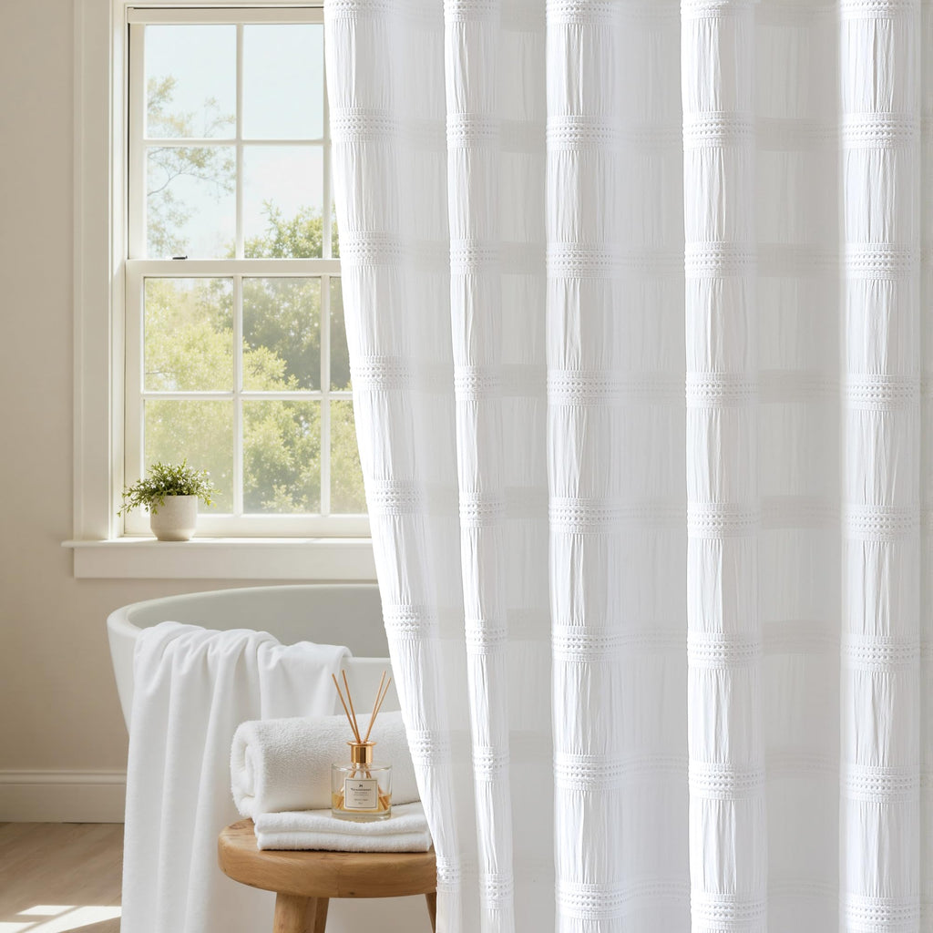 Extra Long White Shower Curtain Farmhouse, 72 x 84 Cotton Blend Waffle Tufted Striped Chic Textured Fabric Shower