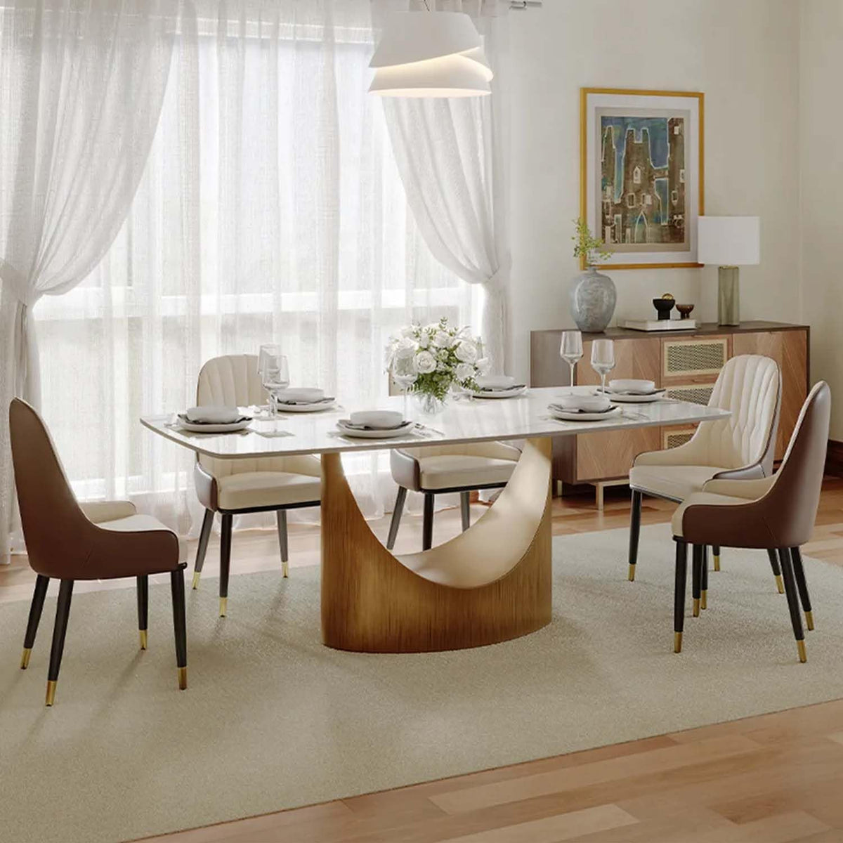71" Hobart Modern Rectangular Dining Table for 6, Glossy White Sintered Stone Tabletop with Bronze Carbon Steel