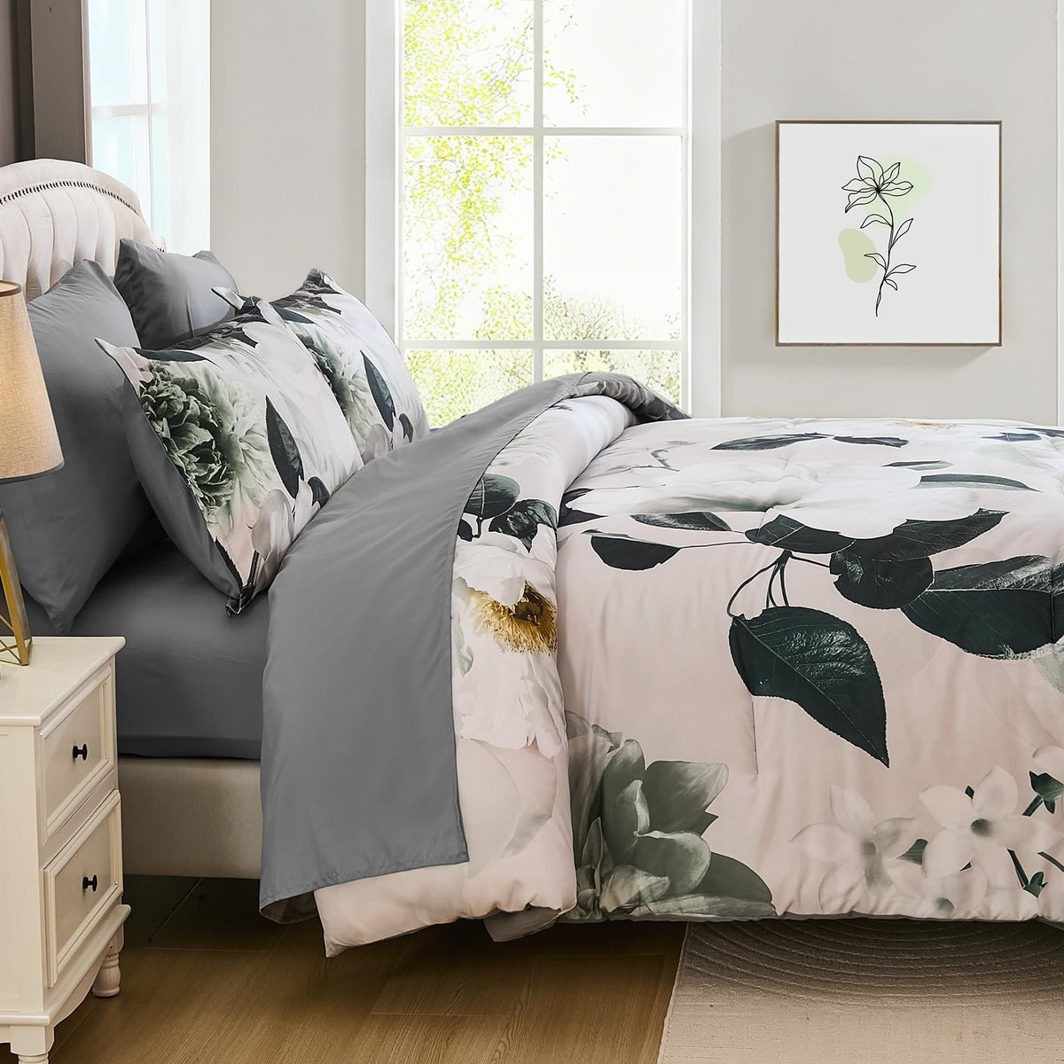 Luxury Grey Floral Comforter Set 7 Pieces