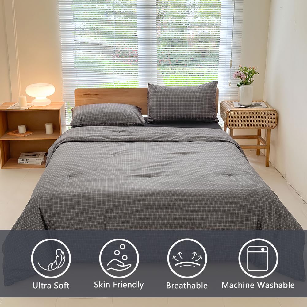Comforter Set, Dark Gray Plaid, 3 Pieces