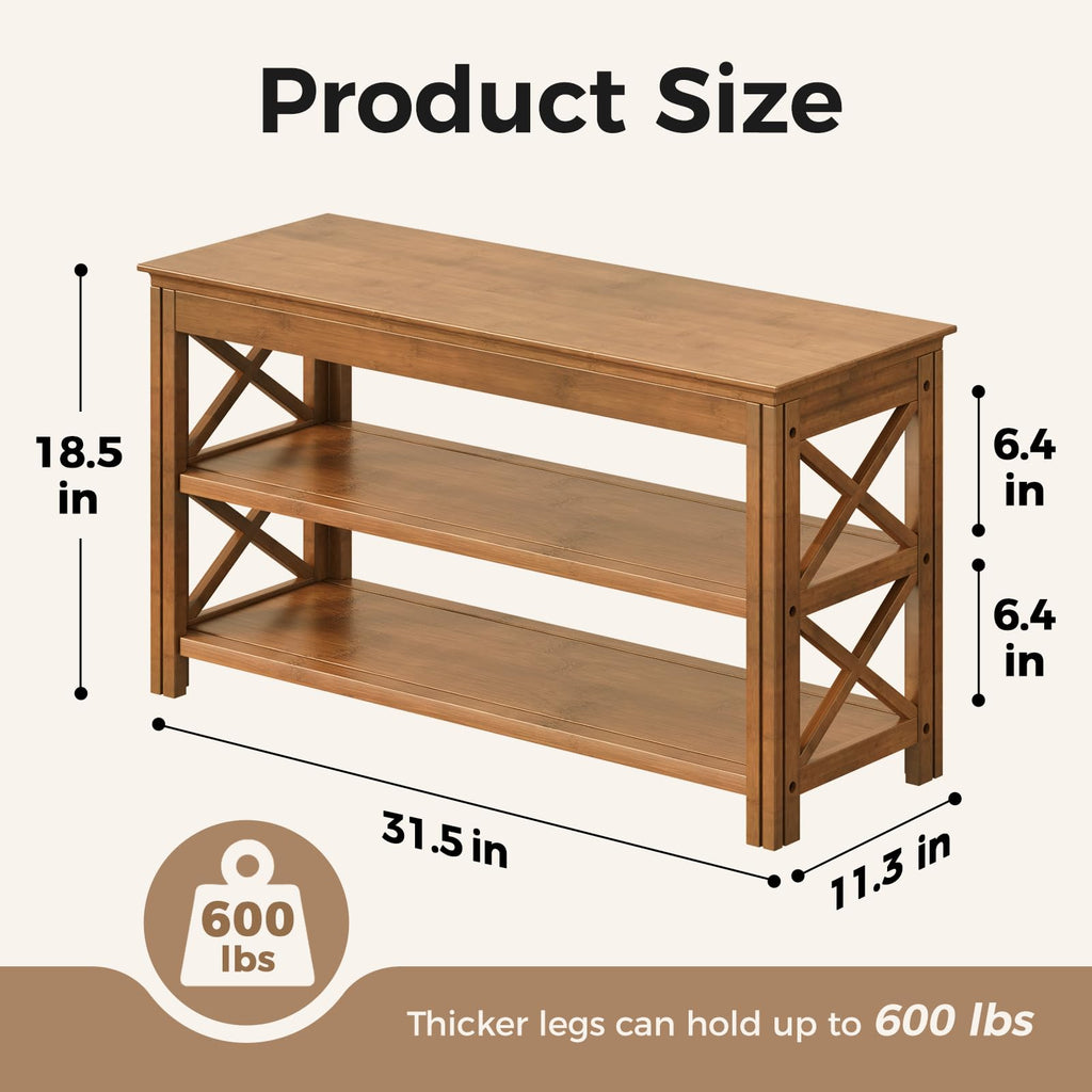 Shoe Rack Bench with Storage 3 Tier Bamboo Shoe Bench Entryway Rustic Solid Wood Entryway Bench (X-Brown, 31.5")