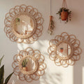 3 Pack Boho Rattan Mirror Wall Hanging Wicker Flower Decor