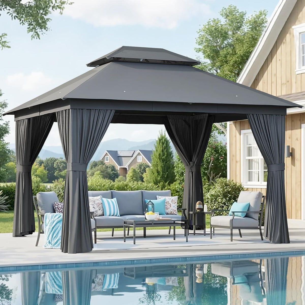 Outdoor Gazebo 10x12, Metal Frame Canopy with Double Roofs