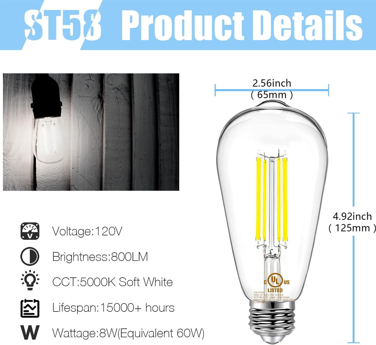 12 Pack Vintage LED Edison Bulbs, E26 Led Bulb 60W Equivalent, Dimmable Led Light Bulbs, High Brightness 800 LM