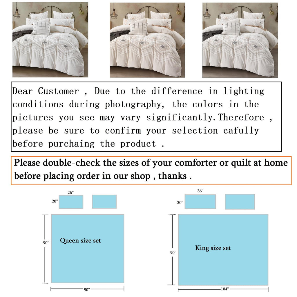 Off White Breathable Tufted Cotton Boho Duvet Cover Set 104x90''