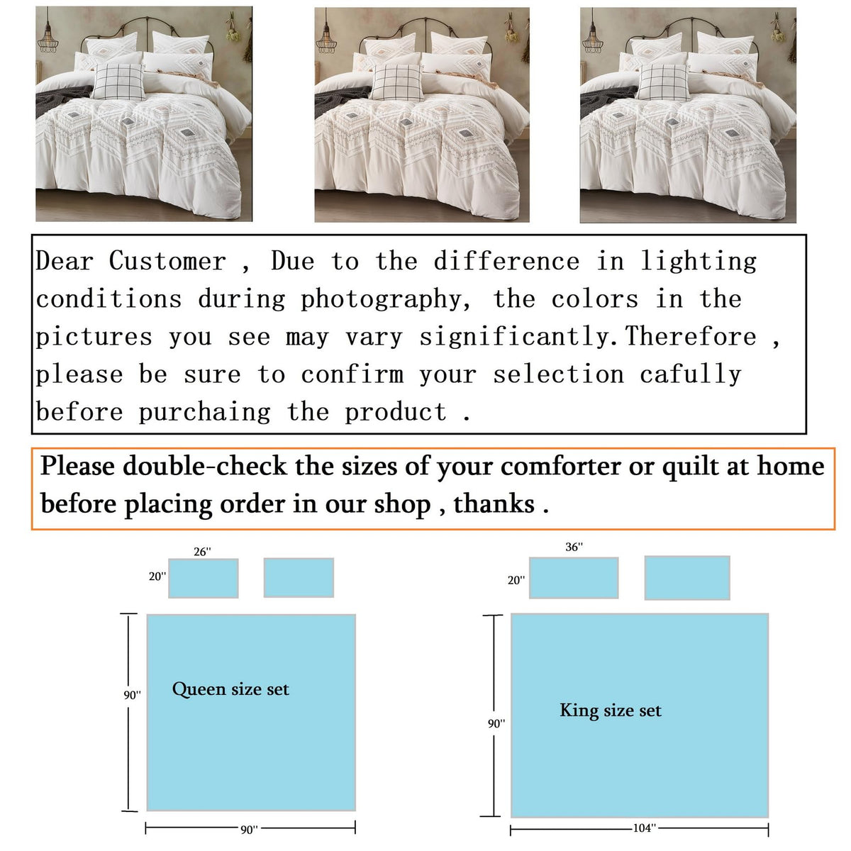 Off White Breathable Tufted Cotton Boho Duvet Cover Set 104x90''
