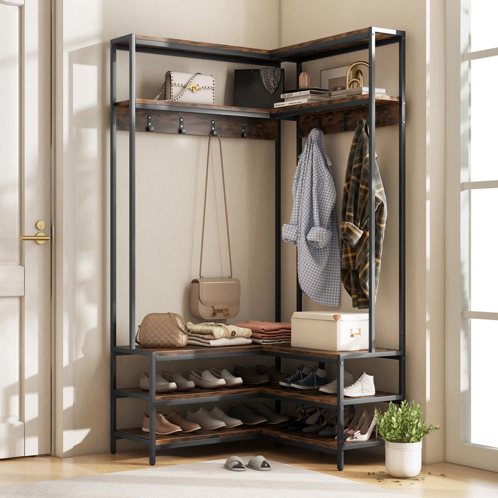 Corner Hall Tree, 70 Inch Coat Rack with Bench and Shoe Storage, Entryway Furniture with 7 Hooks, Heavy Duty Metal