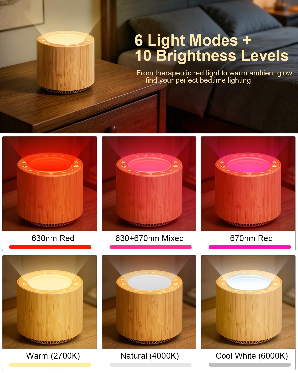 Wood Grain 670nm Red Light Therapy White Noise Sleep Sound Machine