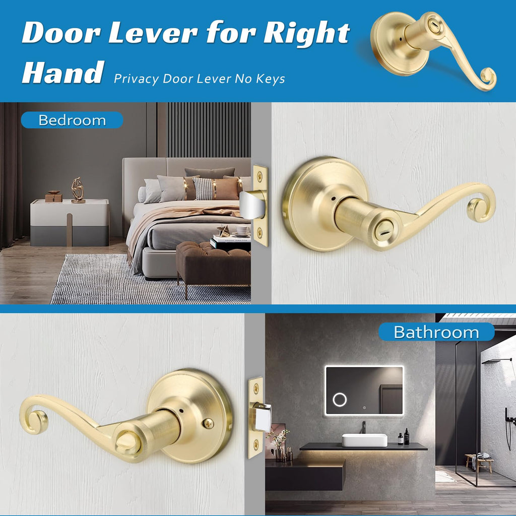 5 Pack Gold Door Handles, Wave Style Brass Privacy Door Lever