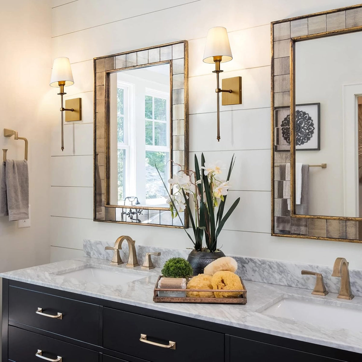 Slim Antique Brass Wall Sconces Set of 2 with White Fabric Shades