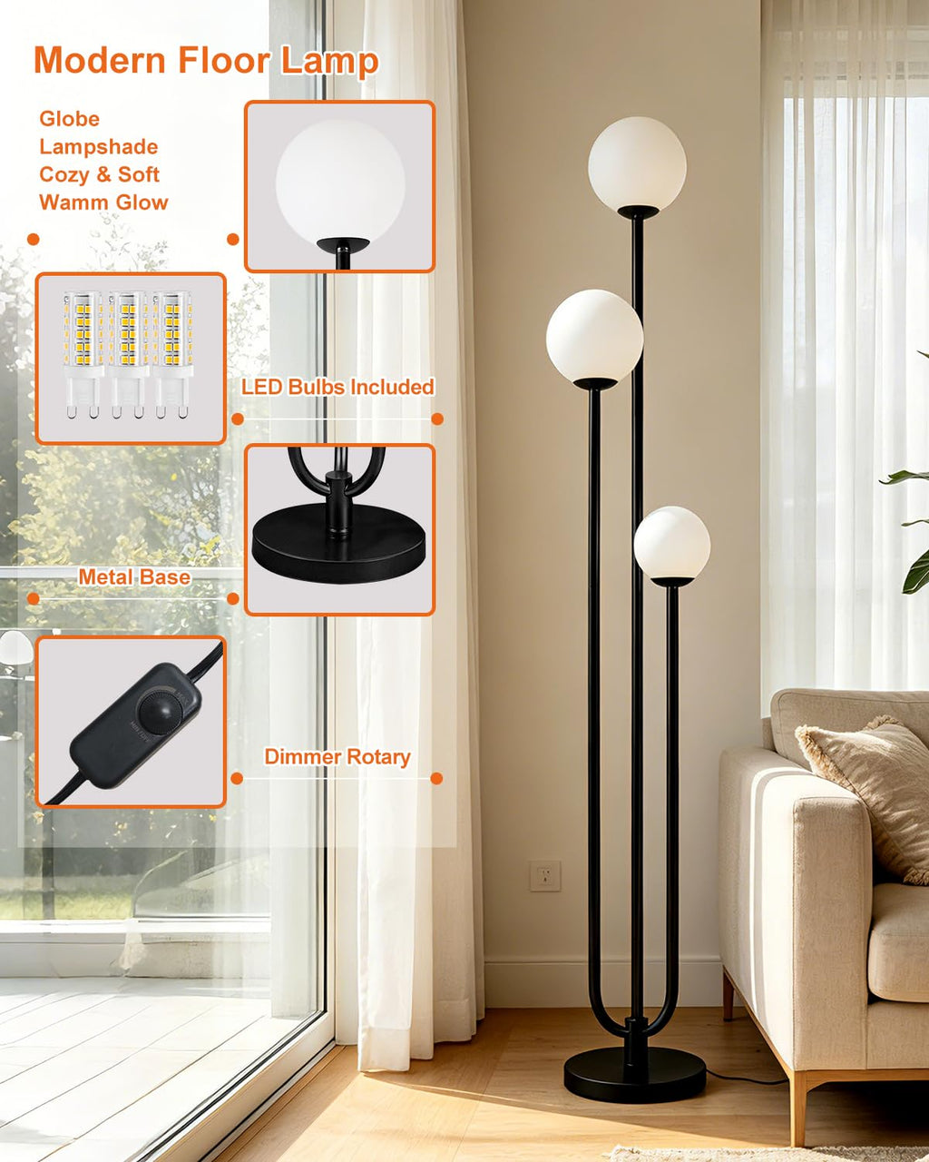 63IN 3-Light Dimmable Floor Lamp, Unique Black Tall Standing Lamps with 3000K Bulbs for Reading, Mid Century Modern