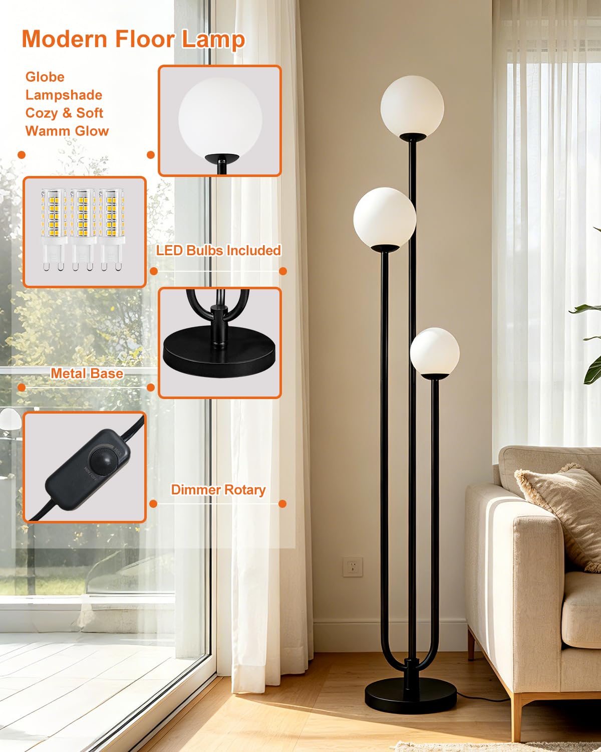 63IN 3-Light Dimmable Floor Lamp, Unique Black Tall Standing Lamps with 3000K Bulbs for Reading, Mid Century Modern