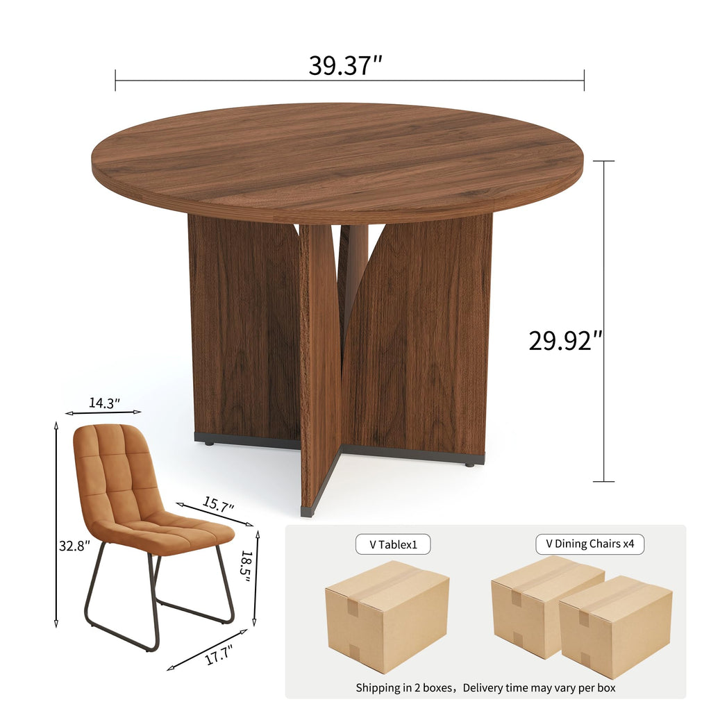 Inspired Saarinen Style Modern Round Dining Table Set for 4, 39.4" Walnut Kitchen Table with 4 PU Leather Chairs, 5-Piece Mid-Century Dining