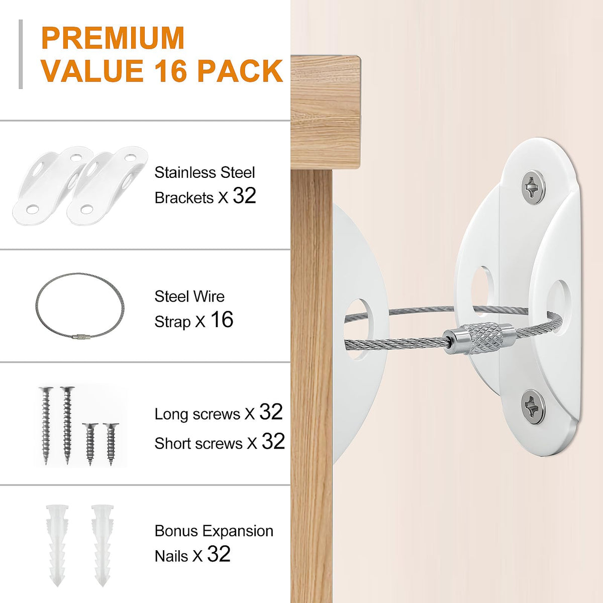 Furniture Anchors (16 Pack) for Baby Proofing, Anti Tip Furniture Anchor Securing 420lbs Tension Earthquake Resistant