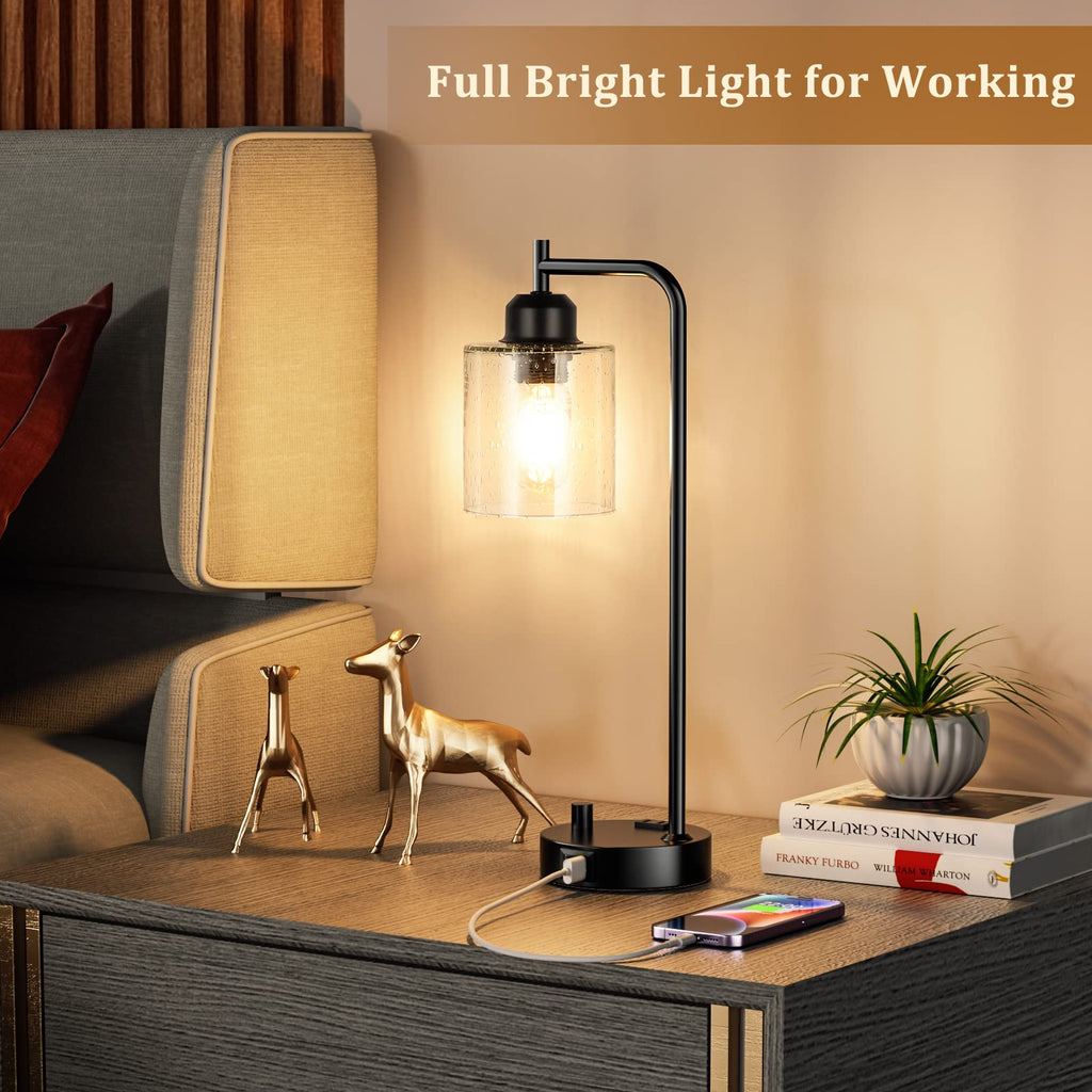 Industrial Desk Lamp, Fully Dimmable Small Bedside Table Lamp, Black, USB C