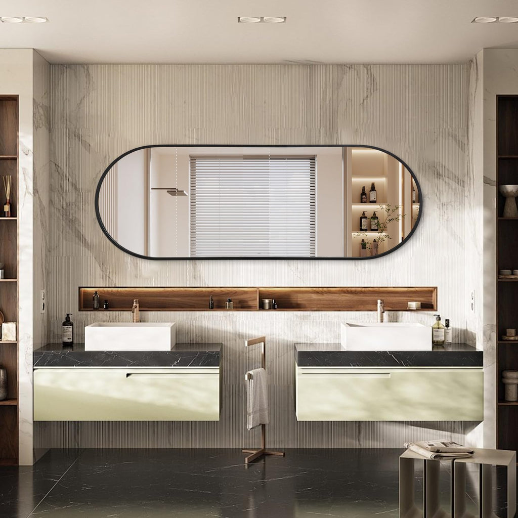 Bathroom Wall Full Length Mirrors for Wall Oval Mirror Black Metal Framed Mirrors 48"X18" Matte Bedroom Vanity
