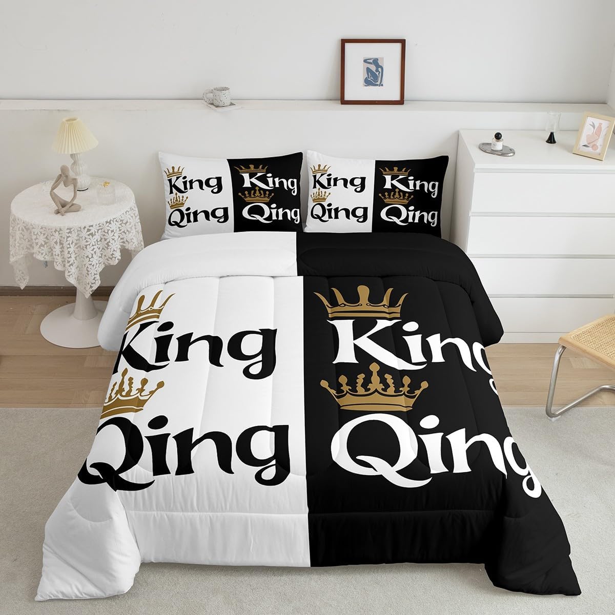 King and Queen Crown Comforter Set Black White Couple Bedding Set for Adult Women Men,His Her Mr Mrs Quilt