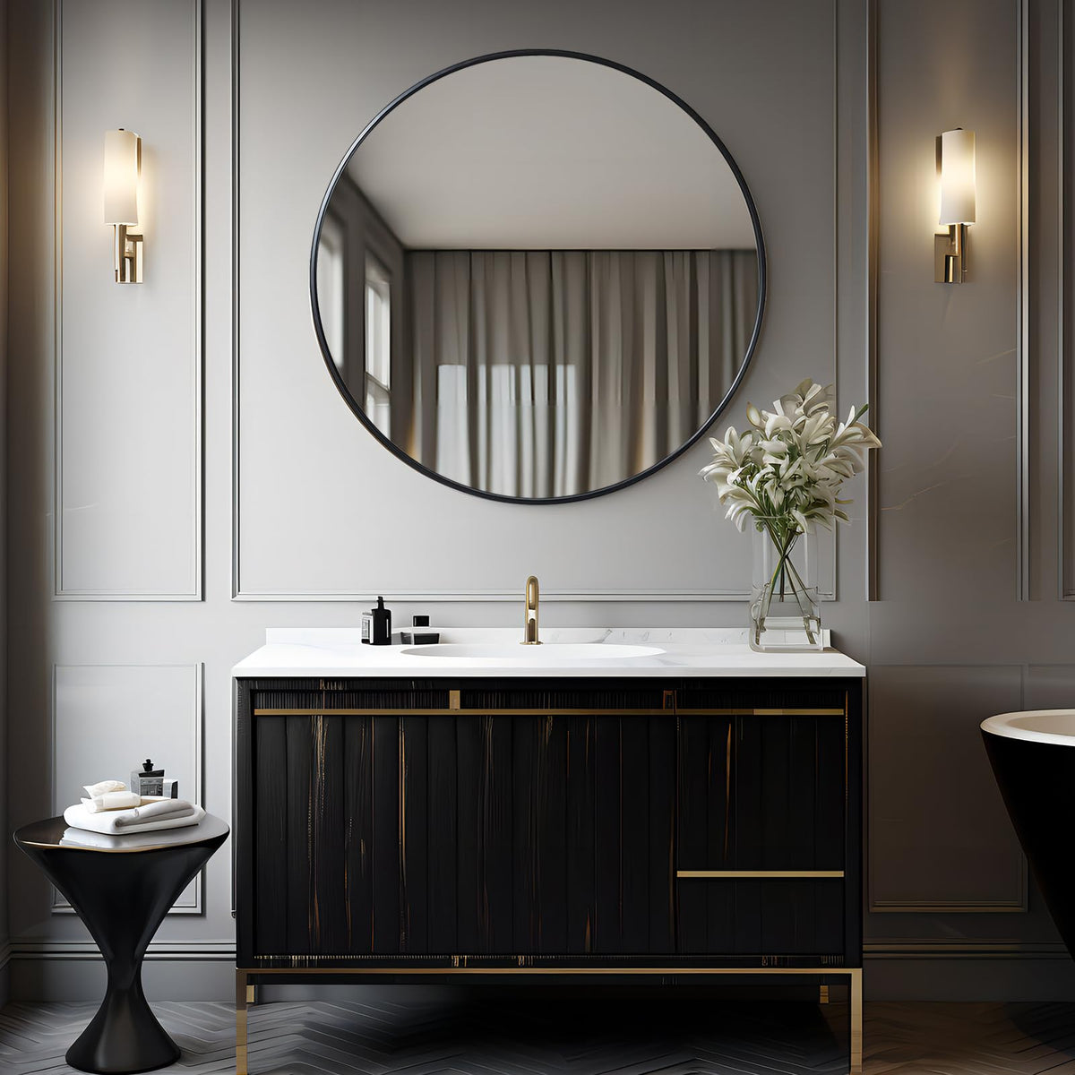 39 inch Black Round Mirror, Large Wall Mounted Circle Mirror Metal Frame, Entry, Dining Room, & Living Room