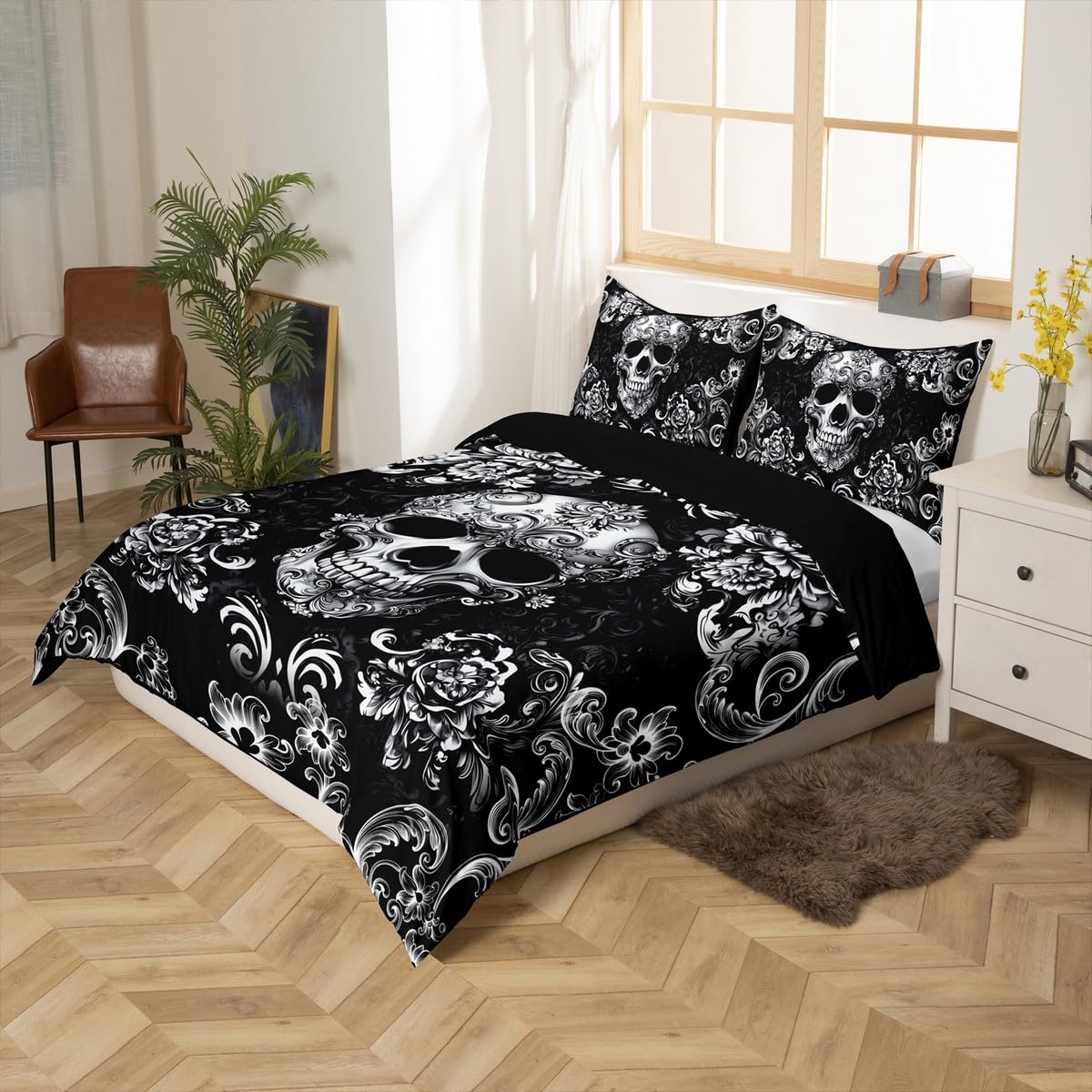 Gothic Skull Duvet Cover Queen Size Bohemian Victorian Style Retro Floral Comforter Cover for Teens Adults Halloween