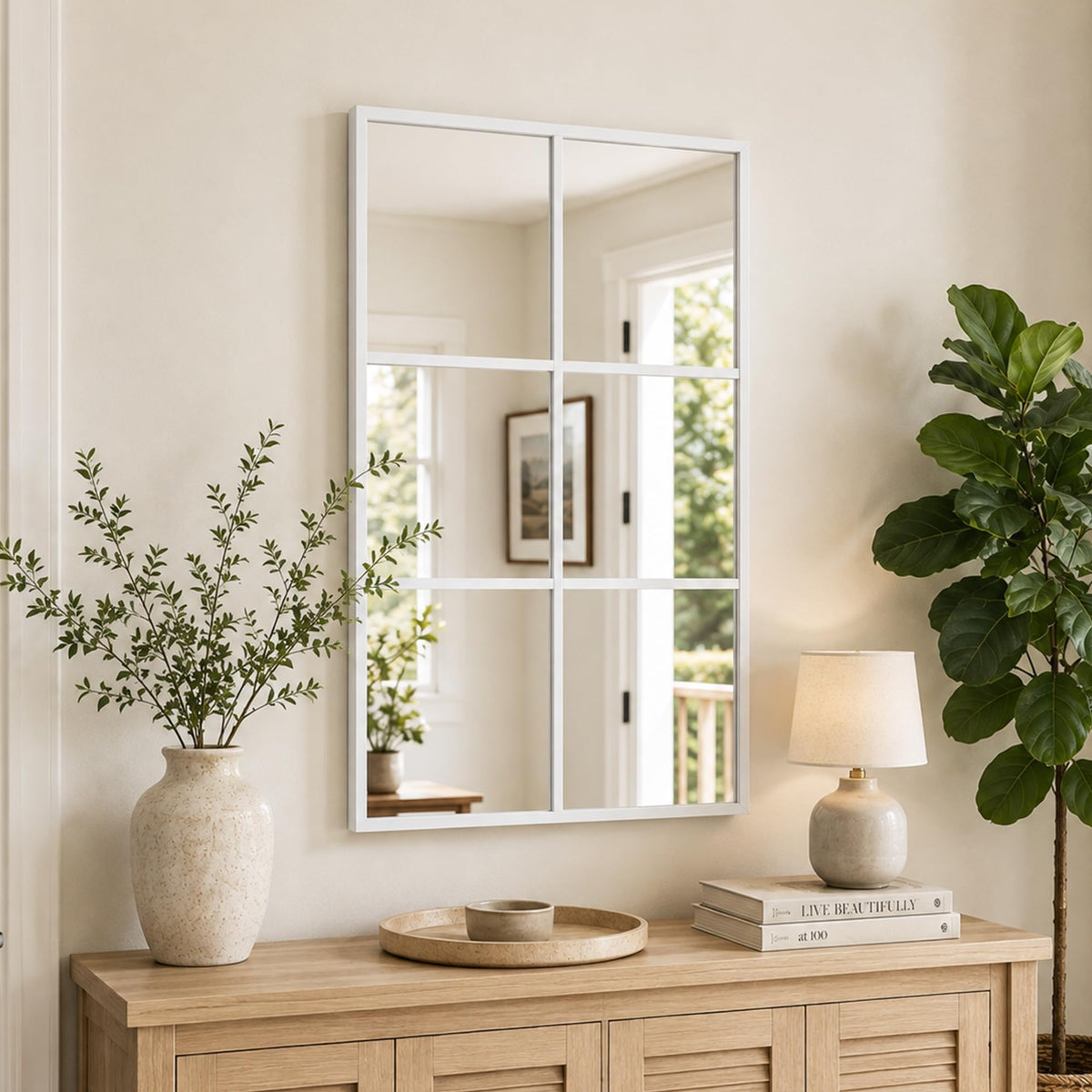 Wall Mounted Mirror, 30"x20" Rectangular Window Pane Mirror (White)