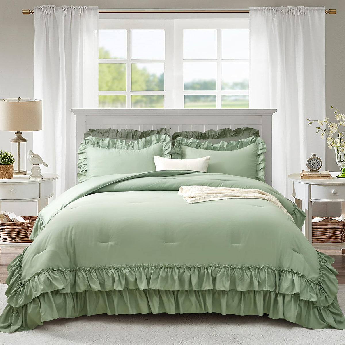 Comforter Set Sage Green, Lightweight Fluffy Farmhouse Ruffle Bedding Set, Soft Microfiber All Season