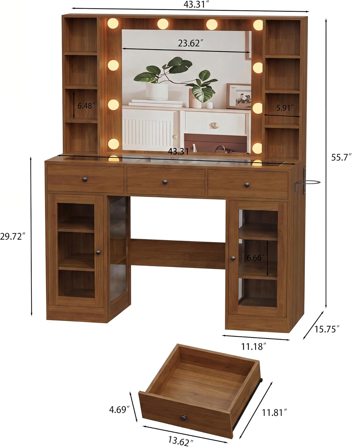 Walnut Vanity Desk with Mirror and Lights, Glass Top Vanity with Lighted Mirror & RGB Glass Cabinet and 3 Drawers