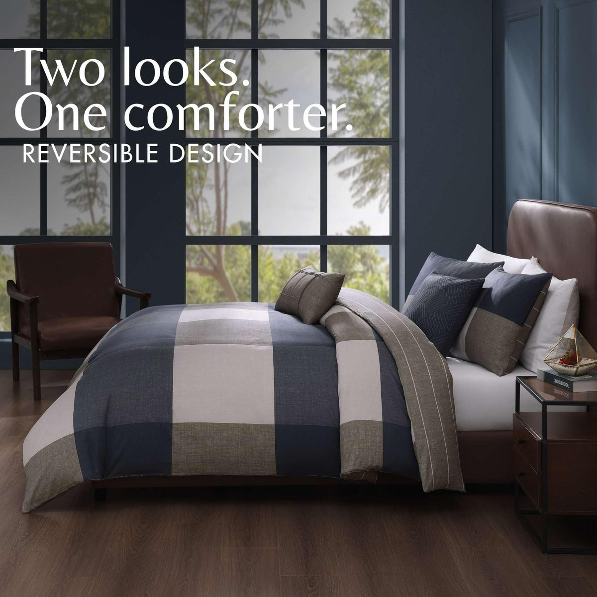 Checkered Navy Tan 5 Piece Reversible Comforter Set