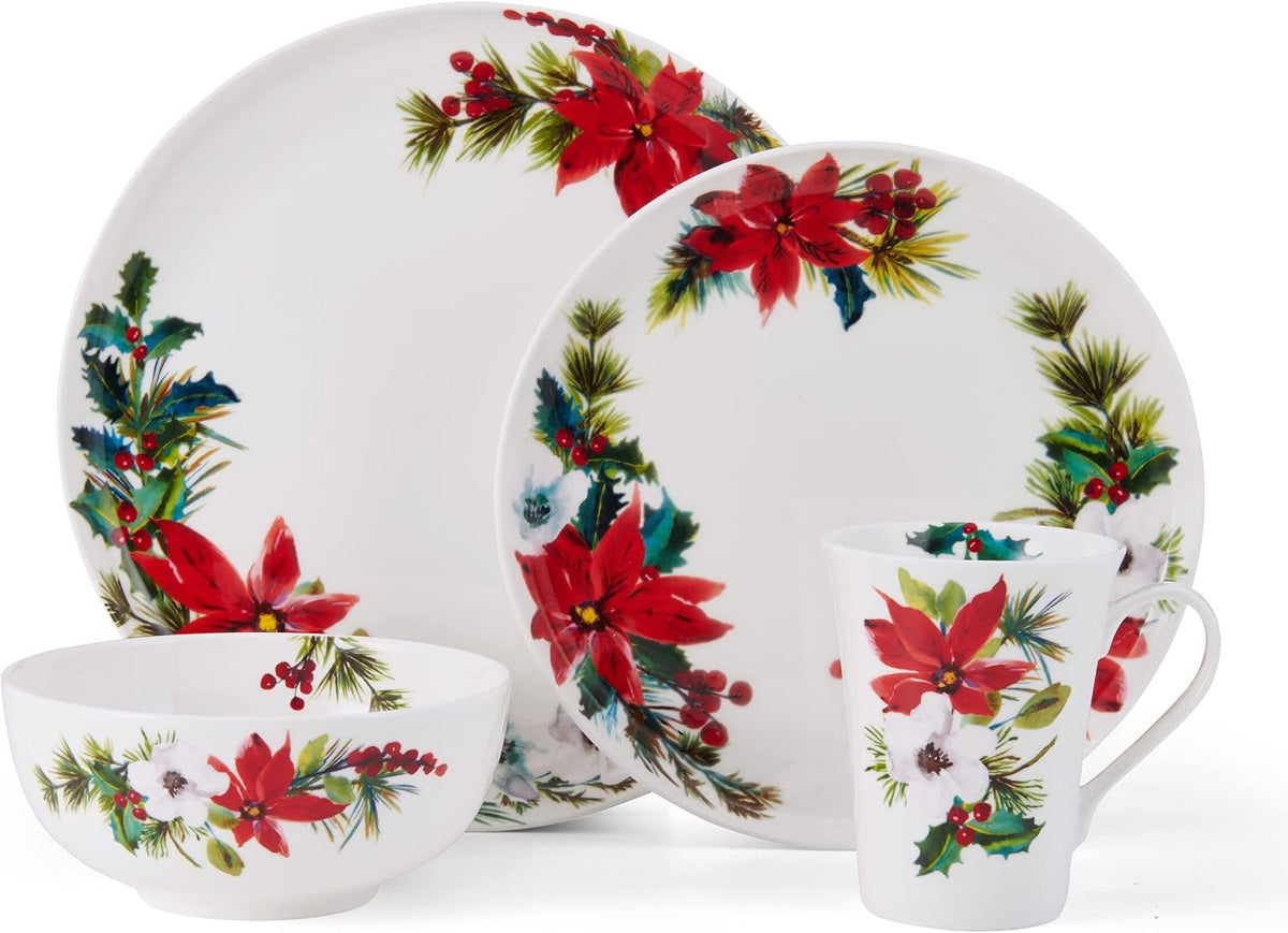 Hope Joy Holiday Poinsettia Bone China Lightweight Chip Resistant 16 Piece Dinnerware Set, Service for 4, Multicolor