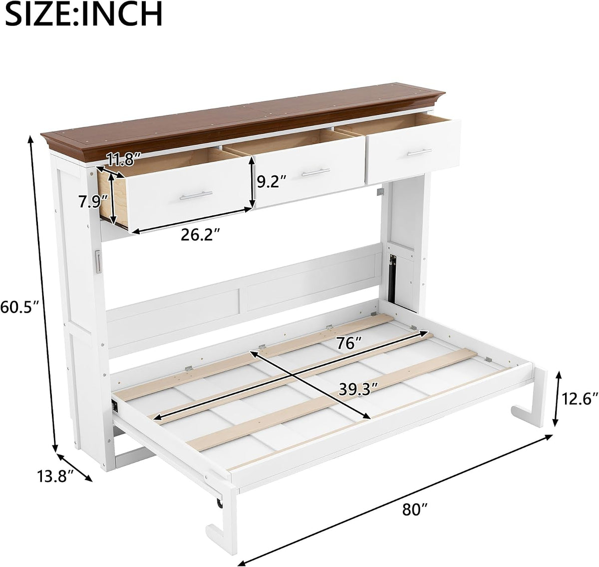 Twin Horizontal Murphy Bed with Storahe Drawers, Can be Folded into a Cabinet for Guest Room, Wood Foldable Wall Bed