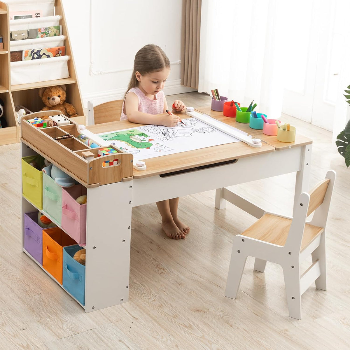Kids Art Table and Chair Set with 2 Chair & Bins, 44" L x 24" W, Natural