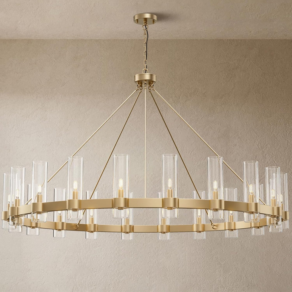 60" 20-Light Gold Large Wagon Wheel Glass Chandelier