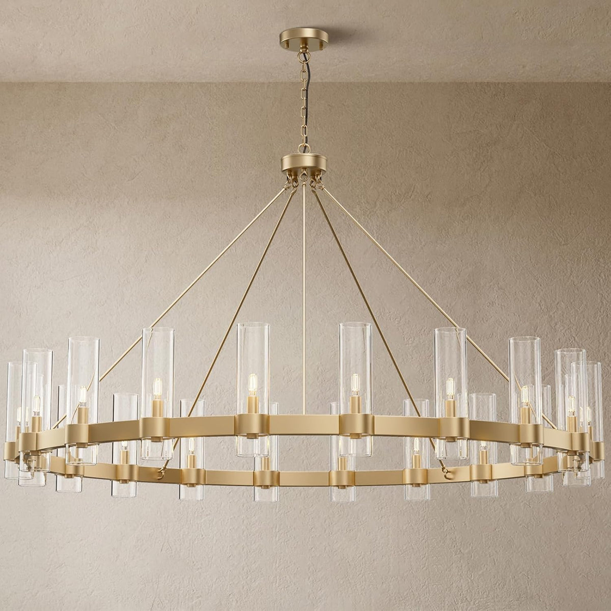 60" 20-Light Gold Large Wagon Wheel Glass Chandelier