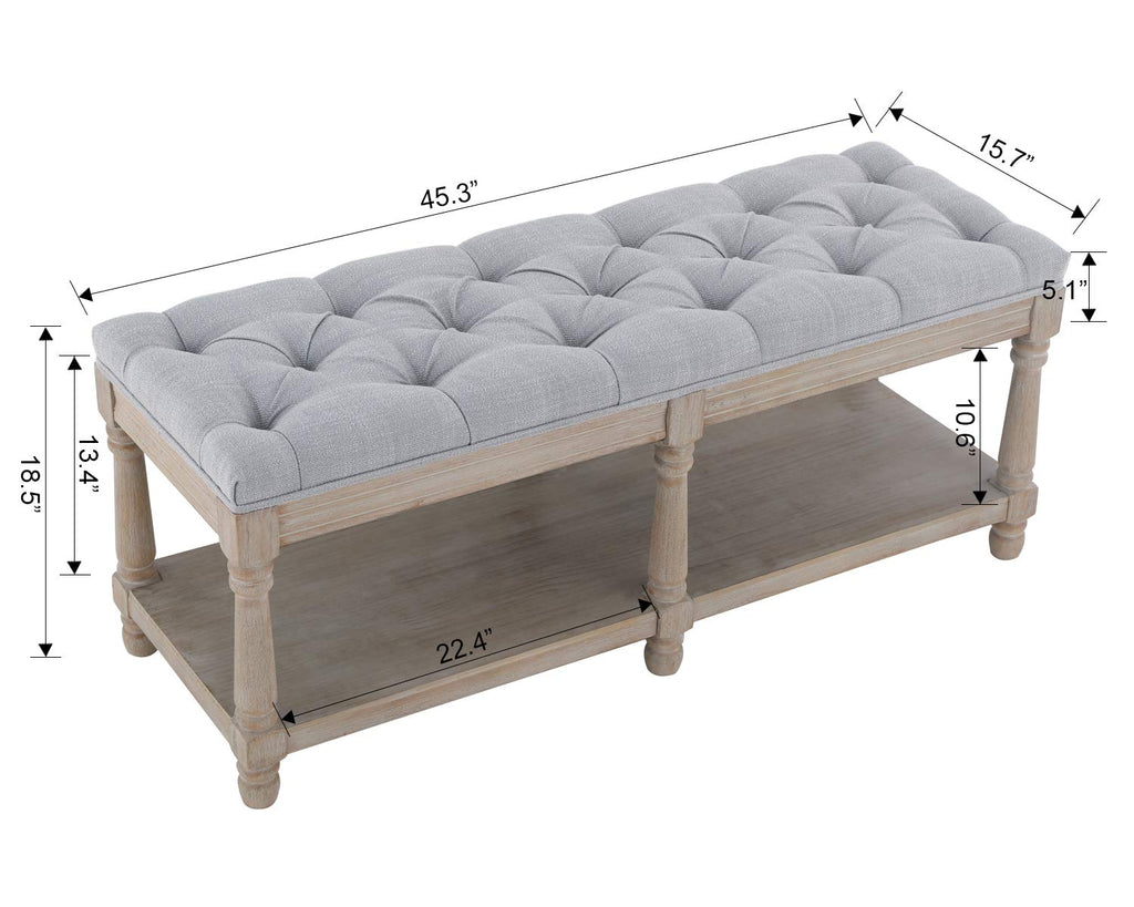 Farmhouse Storage Bench Wooden Entryway Upholstered Tufted Ottoman Bench End of Bed Hallway Organizer, Grey