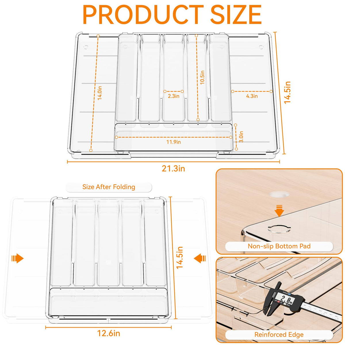 Large Clear Expandable Silverware Drawer Organizer,BPA FREE Adjustable Utensil Drawer Organizer and Silverware
